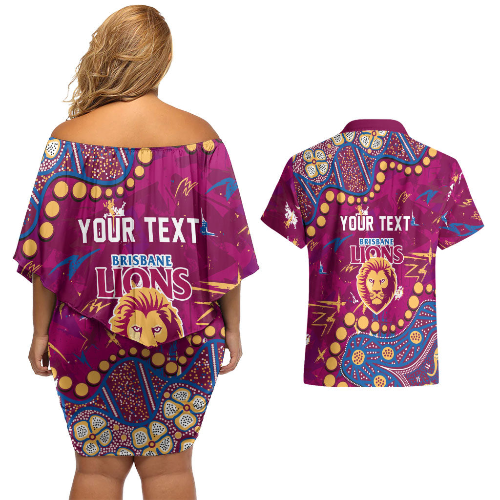Personalized Brisbane Lions Couples Matching Off Shoulder Short Dress and Hawaiian Shirt Aboriginal Pattern with Graffiti Style