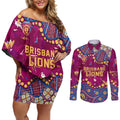 Personalized Brisbane Lions Couples Matching Off Shoulder Short Dress and Long Sleeve Button Shirt Aboriginal Pattern with Graffiti Style