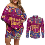 Personalized Brisbane Lions Couples Matching Off Shoulder Short Dress and Long Sleeve Button Shirt Aboriginal Pattern with Graffiti Style