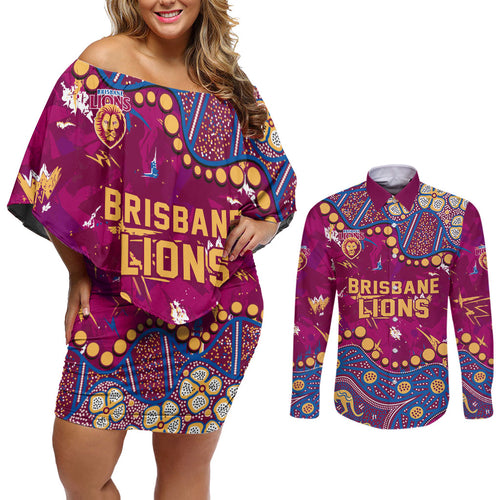 Personalized Brisbane Lions Couples Matching Off Shoulder Short Dress and Long Sleeve Button Shirt Aboriginal Pattern with Graffiti Style
