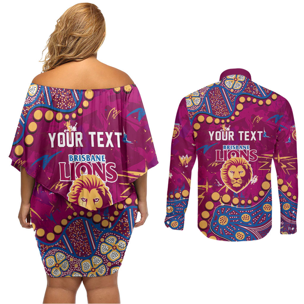 Personalized Brisbane Lions Couples Matching Off Shoulder Short Dress and Long Sleeve Button Shirt Aboriginal Pattern with Graffiti Style