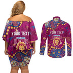 Personalized Brisbane Lions Couples Matching Off Shoulder Short Dress and Long Sleeve Button Shirt Aboriginal Pattern with Graffiti Style