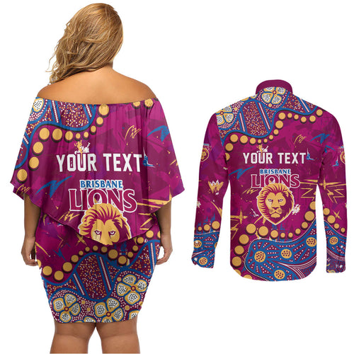 Personalized Brisbane Lions Couples Matching Off Shoulder Short Dress and Long Sleeve Button Shirt Aboriginal Pattern with Graffiti Style