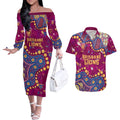 Personalized Brisbane Lions Couples Matching Off The Shoulder Long Sleeve Dress and Hawaiian Shirt Aboriginal Pattern with Graffiti Style