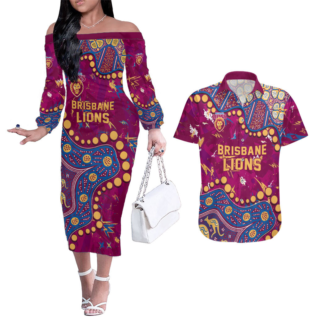 Personalized Brisbane Lions Couples Matching Off The Shoulder Long Sleeve Dress and Hawaiian Shirt Aboriginal Pattern with Graffiti Style