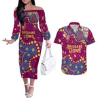 Personalized Brisbane Lions Couples Matching Off The Shoulder Long Sleeve Dress and Hawaiian Shirt Aboriginal Pattern with Graffiti Style