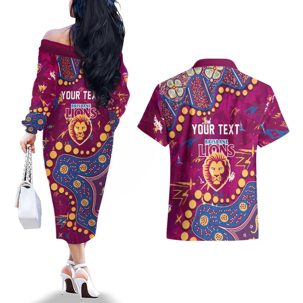 Personalized Brisbane Lions Couples Matching Off The Shoulder Long Sleeve Dress and Hawaiian Shirt Aboriginal Pattern with Graffiti Style