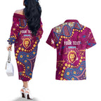 Personalized Brisbane Lions Couples Matching Off The Shoulder Long Sleeve Dress and Hawaiian Shirt Aboriginal Pattern with Graffiti Style