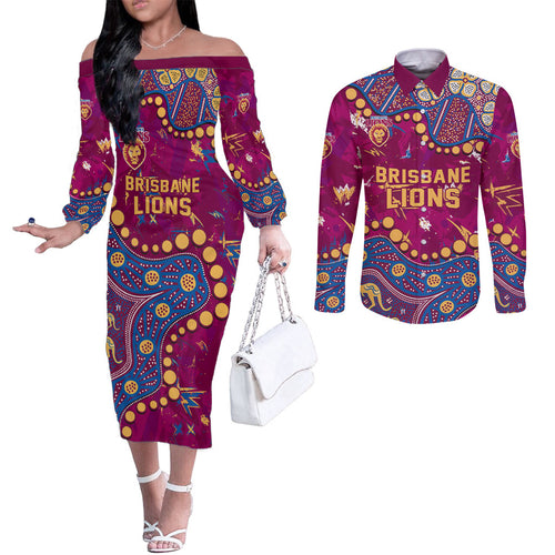 Personalized Brisbane Lions Couples Matching Off The Shoulder Long Sleeve Dress and Long Sleeve Button Shirt Aboriginal Pattern with Graffiti Style