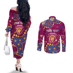 Personalized Brisbane Lions Couples Matching Off The Shoulder Long Sleeve Dress and Long Sleeve Button Shirt Aboriginal Pattern with Graffiti Style