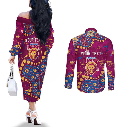 Personalized Brisbane Lions Couples Matching Off The Shoulder Long Sleeve Dress and Long Sleeve Button Shirt Aboriginal Pattern with Graffiti Style