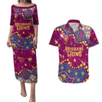 Personalized Brisbane Lions Couples Matching Puletasi and Hawaiian Shirt Aboriginal Pattern with Graffiti Style