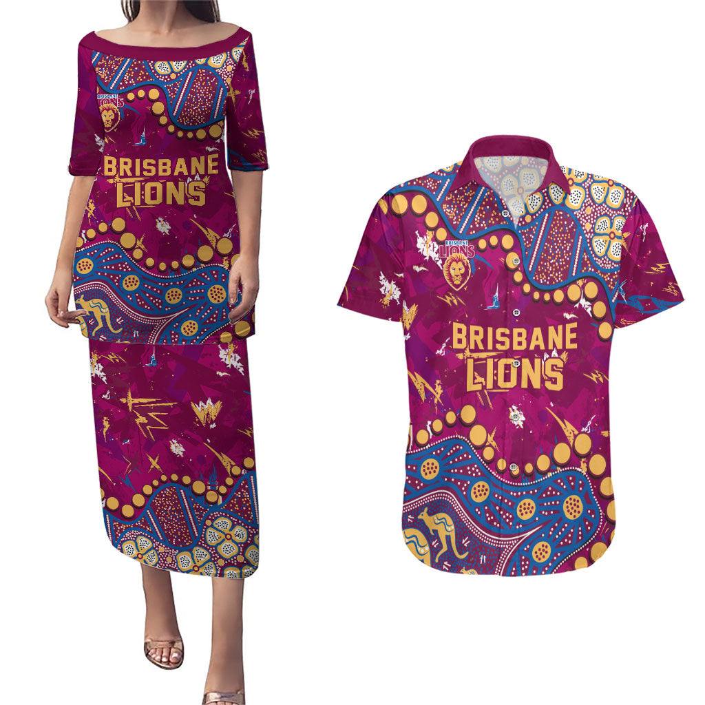 Personalized Brisbane Lions Couples Matching Puletasi and Hawaiian Shirt Aboriginal Pattern with Graffiti Style