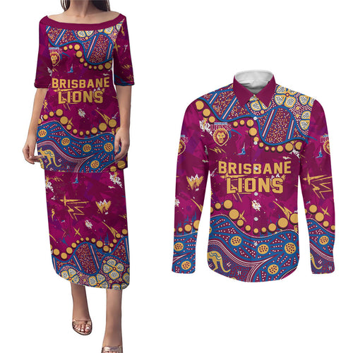 Personalized Brisbane Lions Couples Matching Puletasi and Long Sleeve Button Shirt Aboriginal Pattern with Graffiti Style
