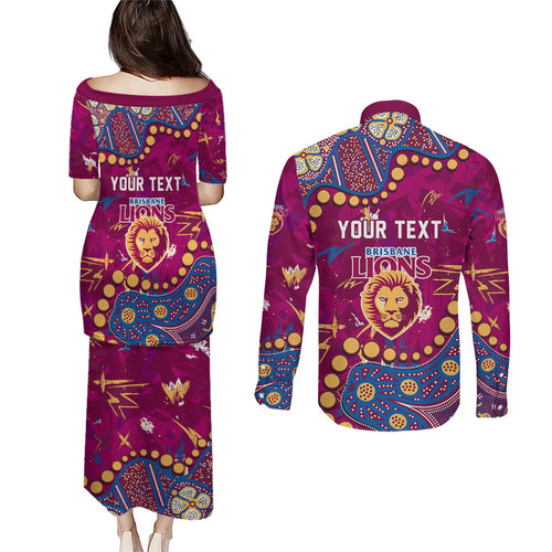 Personalized Brisbane Lions Couples Matching Puletasi and Long Sleeve Button Shirt Aboriginal Pattern with Graffiti Style