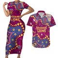 Personalized Brisbane Lions Couples Matching Short Sleeve Bodycon Dress and Hawaiian Shirt Aboriginal Pattern with Graffiti Style