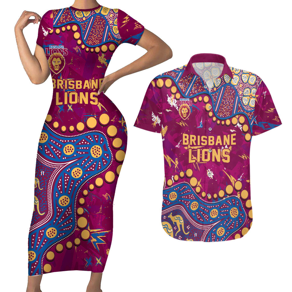 Personalized Brisbane Lions Couples Matching Short Sleeve Bodycon Dress and Hawaiian Shirt Aboriginal Pattern with Graffiti Style