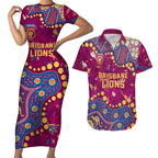 Personalized Brisbane Lions Couples Matching Short Sleeve Bodycon Dress and Hawaiian Shirt Aboriginal Pattern with Graffiti Style