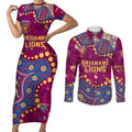 Personalized Brisbane Lions Couples Matching Short Sleeve Bodycon Dress and Long Sleeve Button Shirt Aboriginal Pattern with Graffiti Style