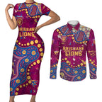 Personalized Brisbane Lions Couples Matching Short Sleeve Bodycon Dress and Long Sleeve Button Shirt Aboriginal Pattern with Graffiti Style