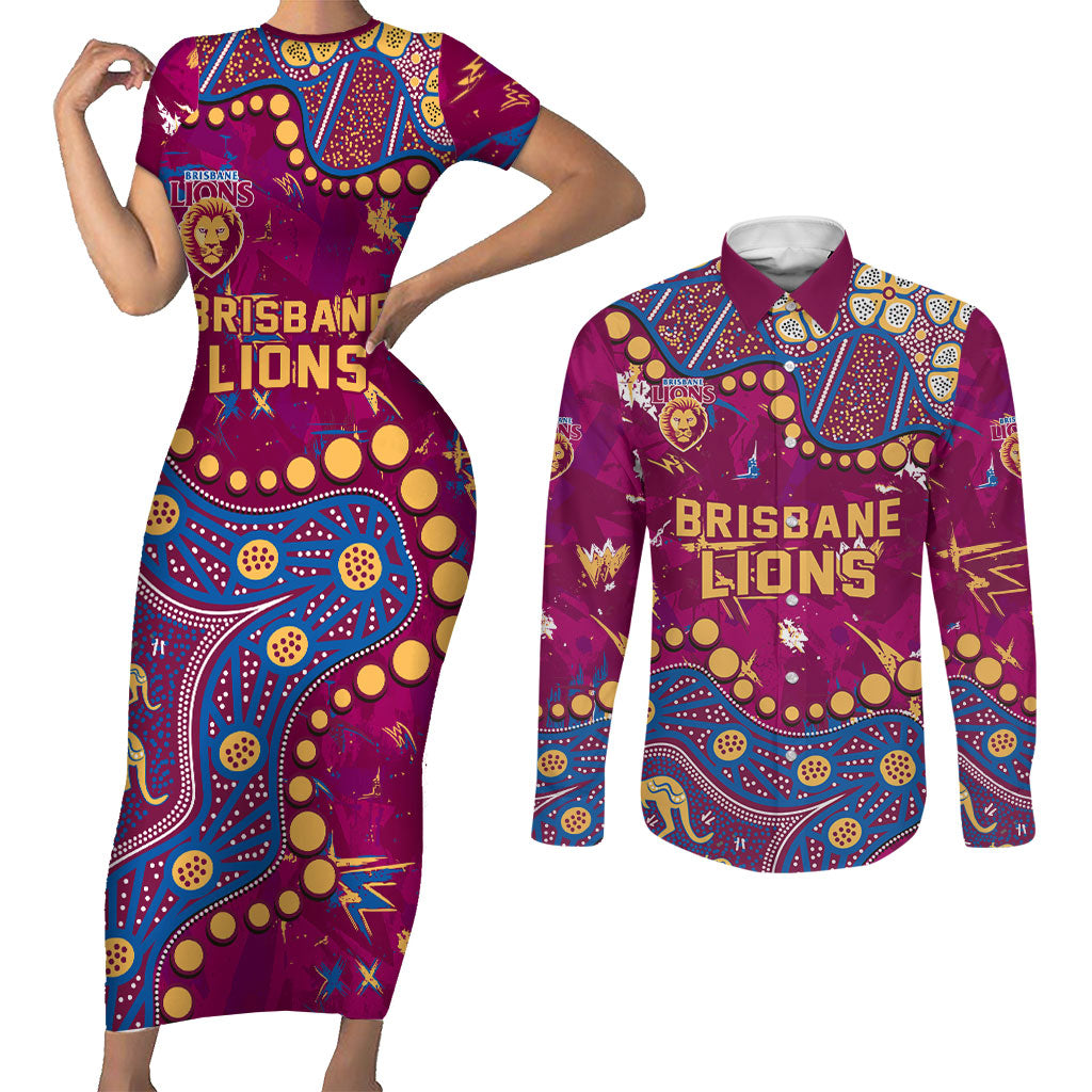 Personalized Brisbane Lions Couples Matching Short Sleeve Bodycon Dress and Long Sleeve Button Shirt Aboriginal Pattern with Graffiti Style