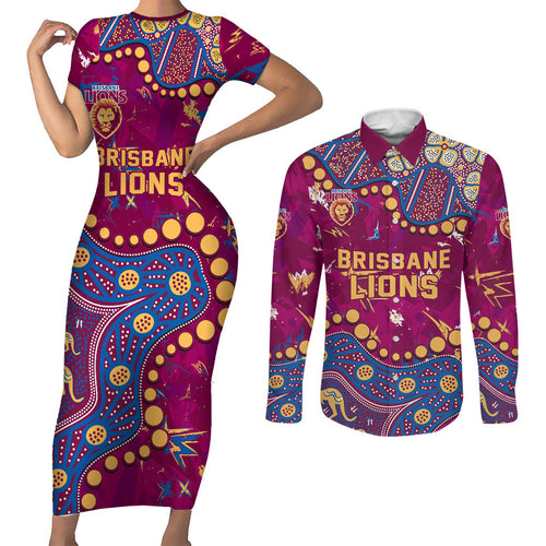 Personalized Brisbane Lions Couples Matching Short Sleeve Bodycon Dress and Long Sleeve Button Shirt Aboriginal Pattern with Graffiti Style