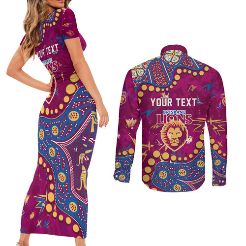 Personalized Brisbane Lions Couples Matching Short Sleeve Bodycon Dress and Long Sleeve Button Shirt Aboriginal Pattern with Graffiti Style