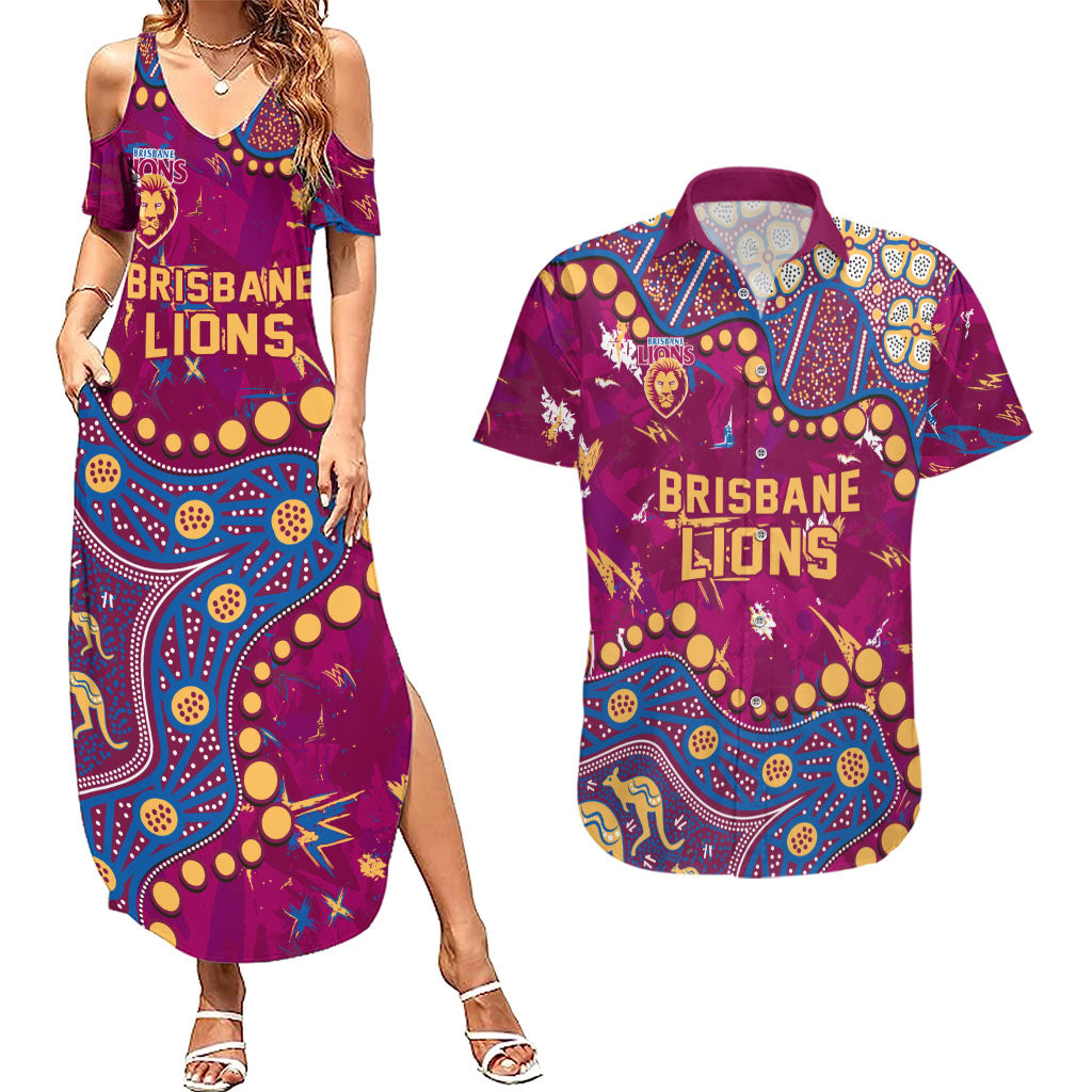 Personalized Brisbane Lions Couples Matching Summer Maxi Dress and Hawaiian Shirt Aboriginal Pattern with Graffiti Style