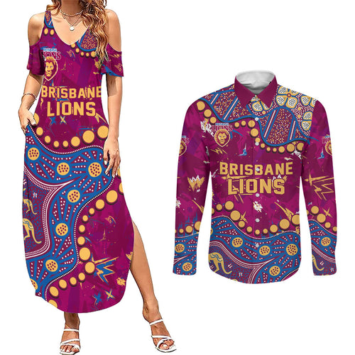 Personalized Brisbane Lions Couples Matching Summer Maxi Dress and Long Sleeve Button Shirt Aboriginal Pattern with Graffiti Style