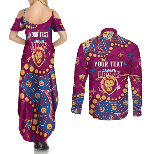 Personalized Brisbane Lions Couples Matching Summer Maxi Dress and Long Sleeve Button Shirt Aboriginal Pattern with Graffiti Style