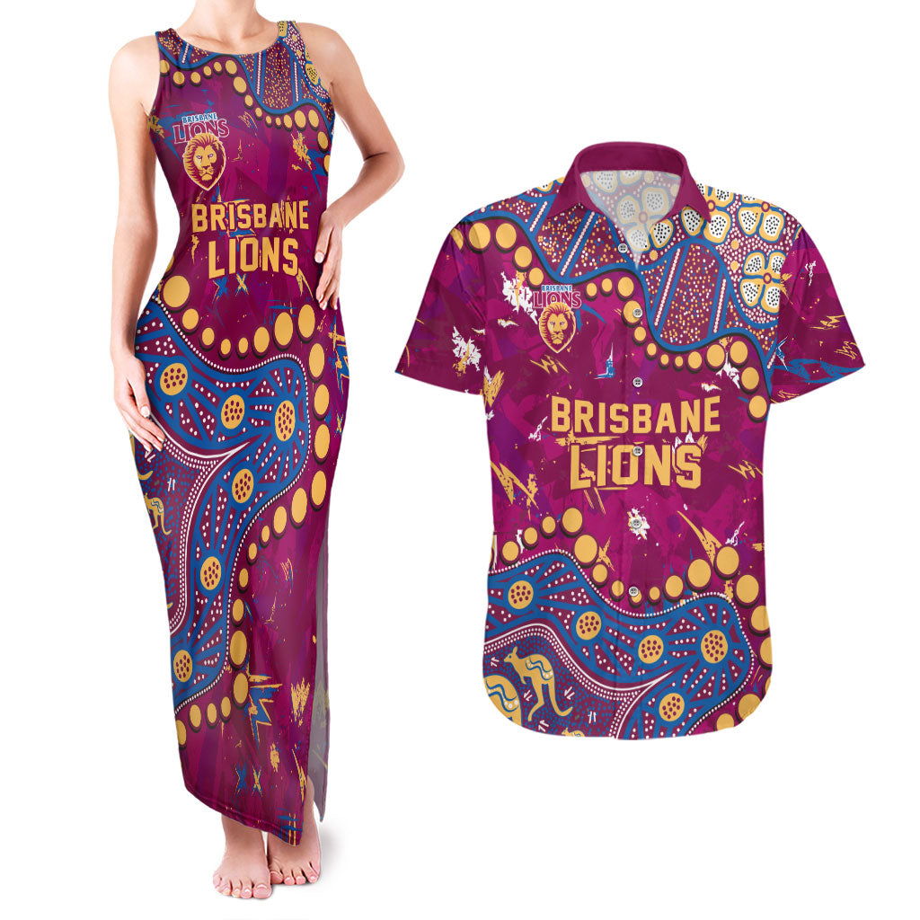 Personalized Brisbane Lions Couples Matching Tank Maxi Dress and Hawaiian Shirt Aboriginal Pattern with Graffiti Style