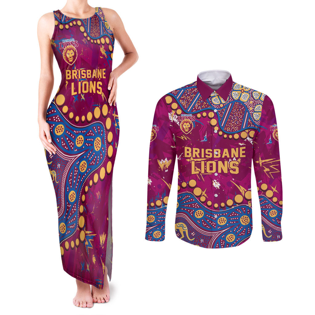 Personalized Brisbane Lions Couples Matching Tank Maxi Dress and Long Sleeve Button Shirt Aboriginal Pattern with Graffiti Style