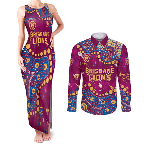 Personalized Brisbane Lions Couples Matching Tank Maxi Dress and Long Sleeve Button Shirt Aboriginal Pattern with Graffiti Style