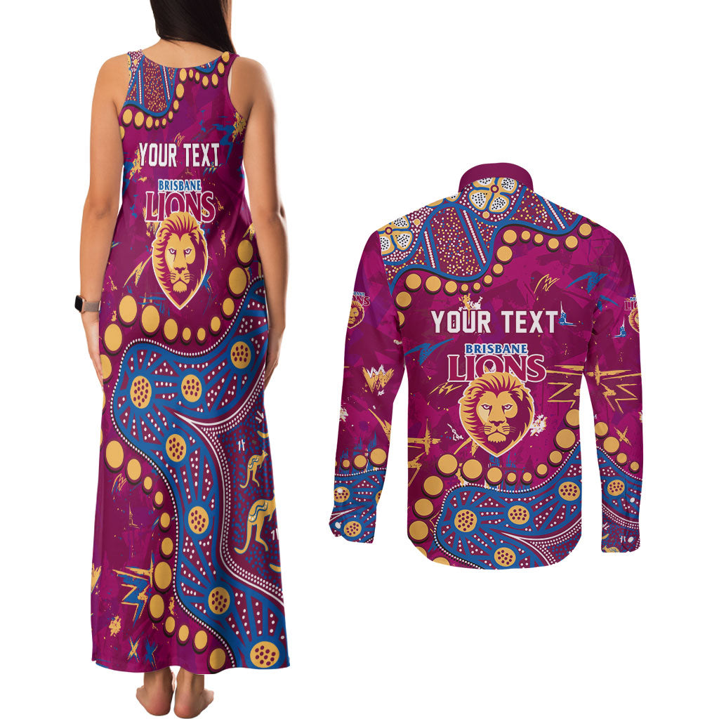 Personalized Brisbane Lions Couples Matching Tank Maxi Dress and Long Sleeve Button Shirt Aboriginal Pattern with Graffiti Style