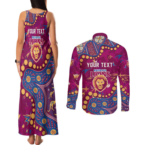 Personalized Brisbane Lions Couples Matching Tank Maxi Dress and Long Sleeve Button Shirt Aboriginal Pattern with Graffiti Style