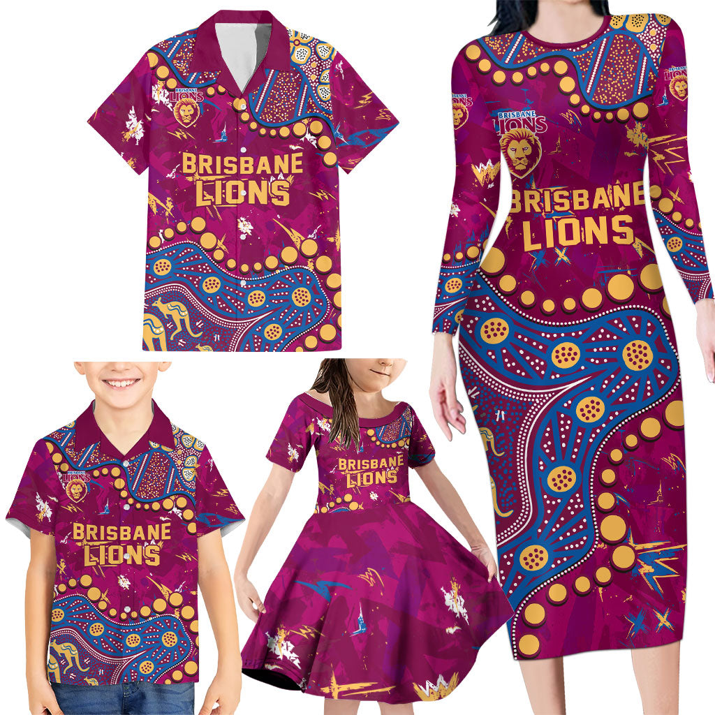 Personalized Brisbane Lions Family Matching Long Sleeve Bodycon Dress and Hawaiian Shirt Aboriginal Pattern with Graffiti Style