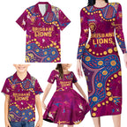 Personalized Brisbane Lions Family Matching Long Sleeve Bodycon Dress and Hawaiian Shirt Aboriginal Pattern with Graffiti Style