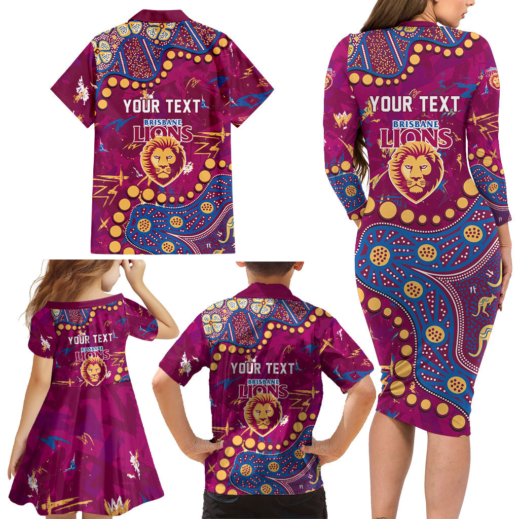 Personalized Brisbane Lions Family Matching Long Sleeve Bodycon Dress and Hawaiian Shirt Aboriginal Pattern with Graffiti Style