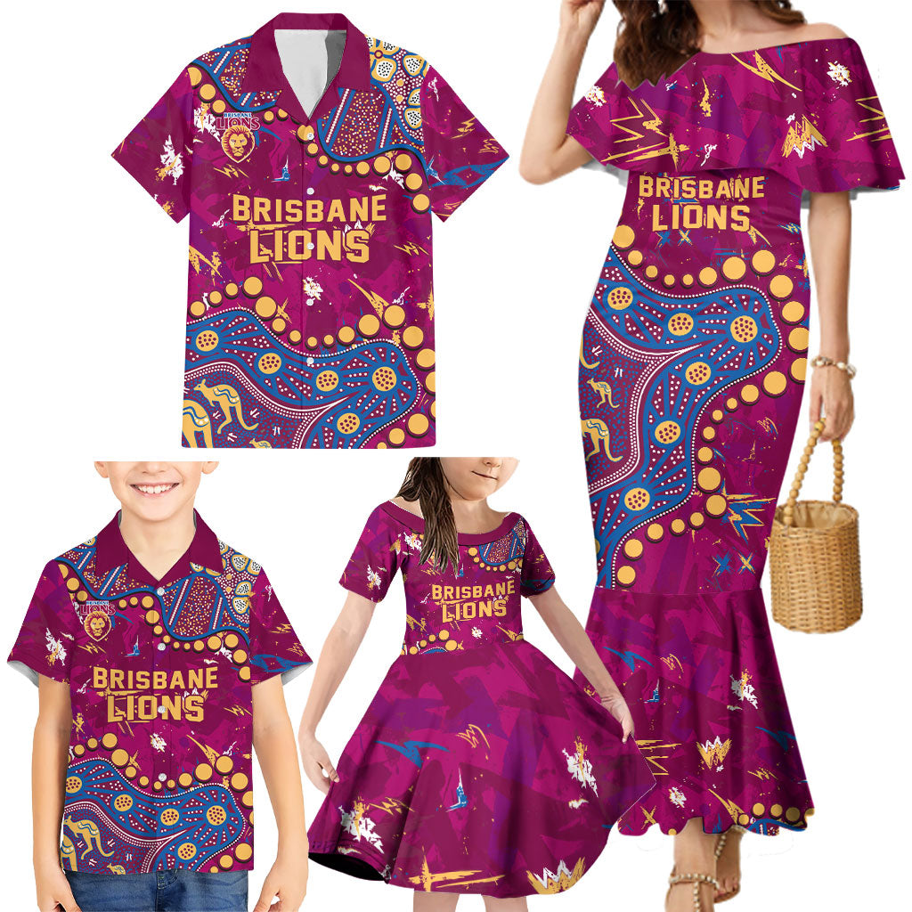 Personalized Brisbane Lions Family Matching Mermaid Dress and Hawaiian Shirt Aboriginal Pattern with Graffiti Style