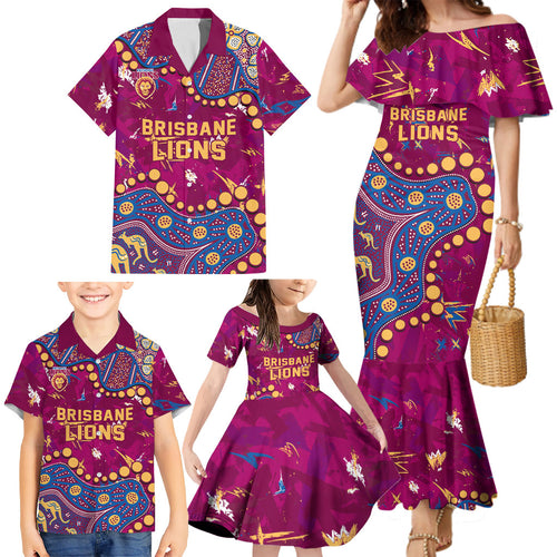 Personalized Brisbane Lions Family Matching Mermaid Dress and Hawaiian Shirt Aboriginal Pattern with Graffiti Style