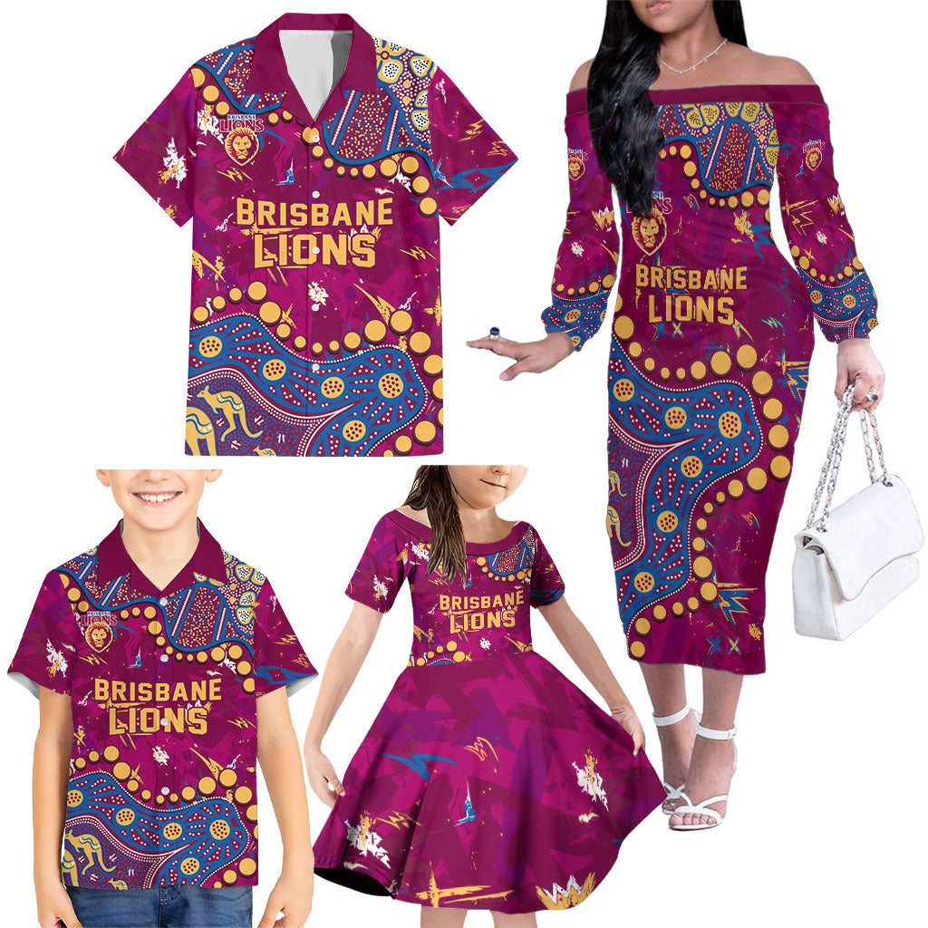 Personalized Brisbane Lions Family Matching Off The Shoulder Long Sleeve Dress and Hawaiian Shirt Aboriginal Pattern with Graffiti Style