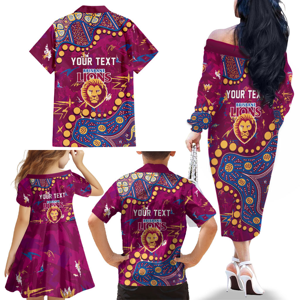 Personalized Brisbane Lions Family Matching Off The Shoulder Long Sleeve Dress and Hawaiian Shirt Aboriginal Pattern with Graffiti Style