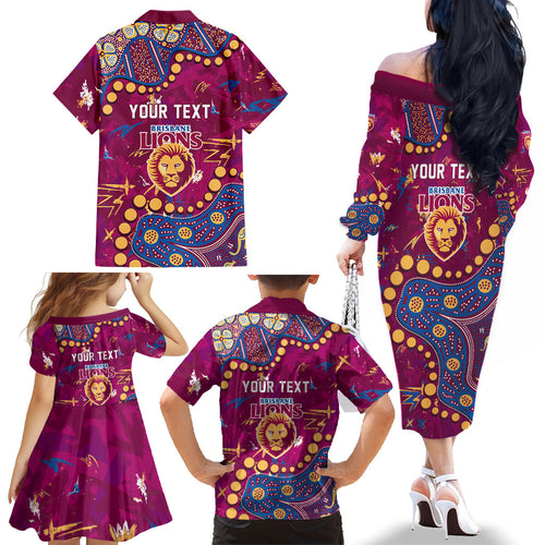 Personalized Brisbane Lions Family Matching Off The Shoulder Long Sleeve Dress and Hawaiian Shirt Aboriginal Pattern with Graffiti Style
