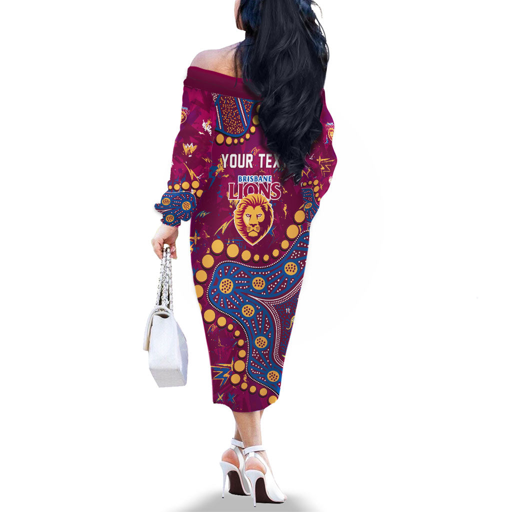 Personalized Brisbane Lions Family Matching Off The Shoulder Long Sleeve Dress and Hawaiian Shirt Aboriginal Pattern with Graffiti Style