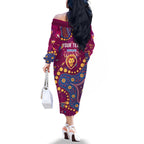 Personalized Brisbane Lions Family Matching Off The Shoulder Long Sleeve Dress and Hawaiian Shirt Aboriginal Pattern with Graffiti Style