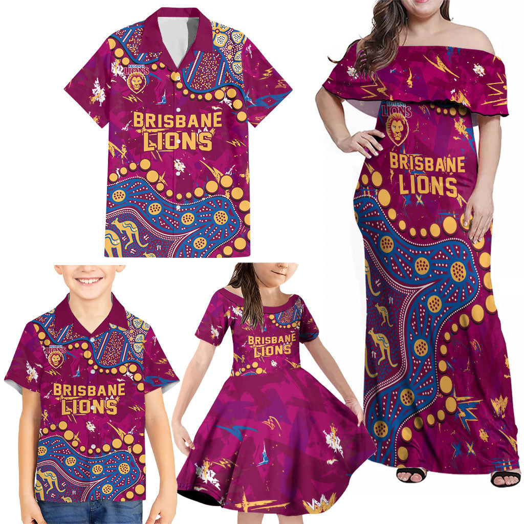 Personalized Brisbane Lions Family Matching Off Shoulder Maxi Dress and Hawaiian Shirt Aboriginal Pattern with Graffiti Style