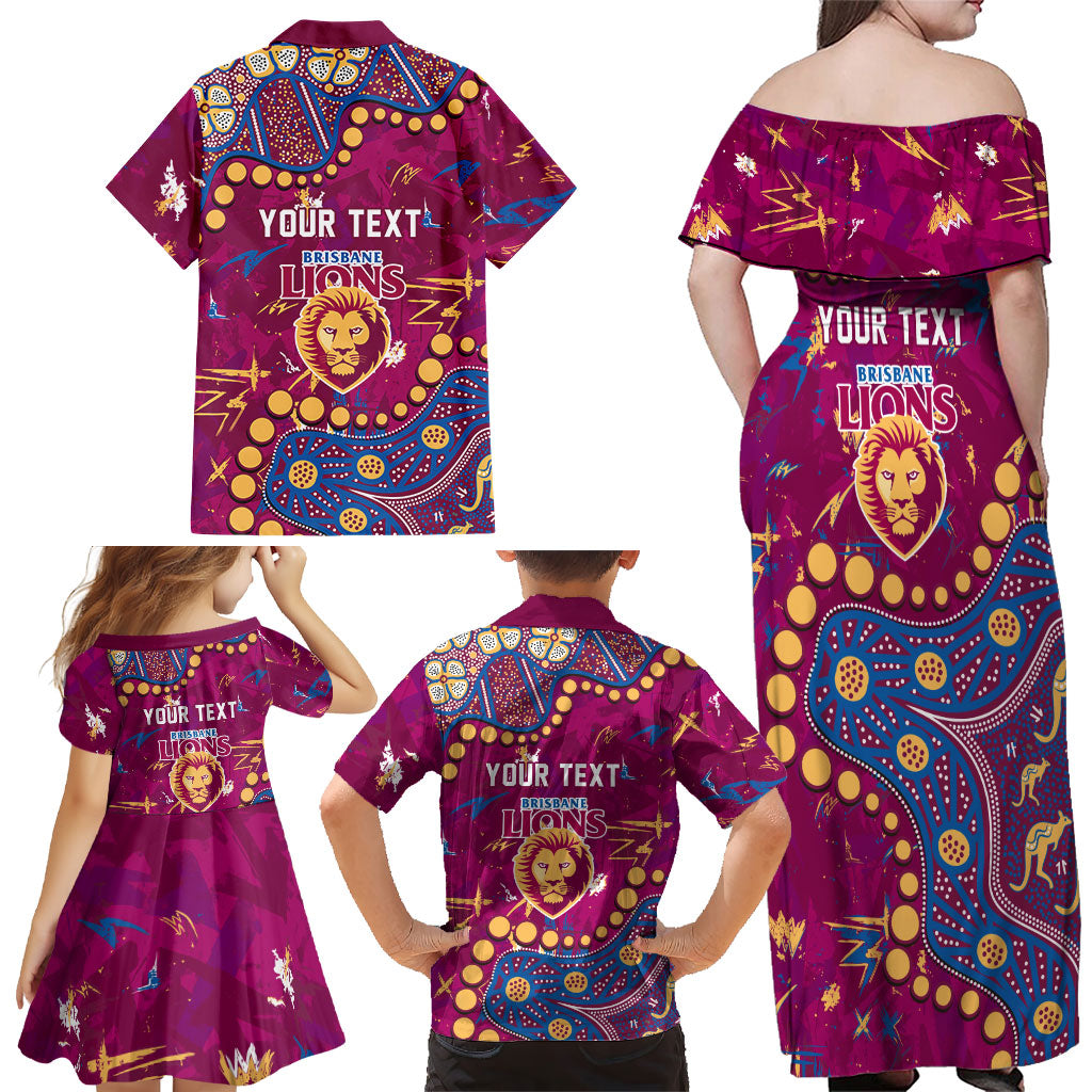 Personalized Brisbane Lions Family Matching Off Shoulder Maxi Dress and Hawaiian Shirt Aboriginal Pattern with Graffiti Style