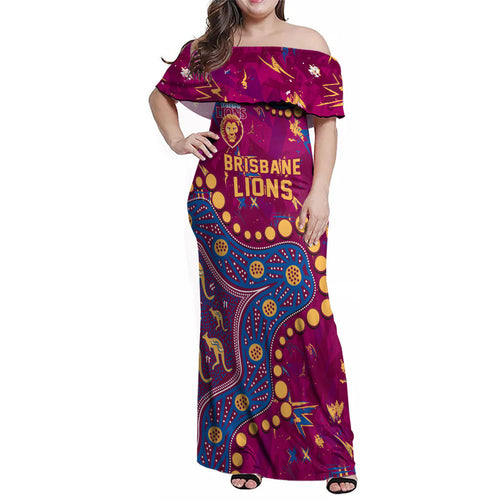 Personalized Brisbane Lions Family Matching Off Shoulder Maxi Dress and Hawaiian Shirt Aboriginal Pattern with Graffiti Style