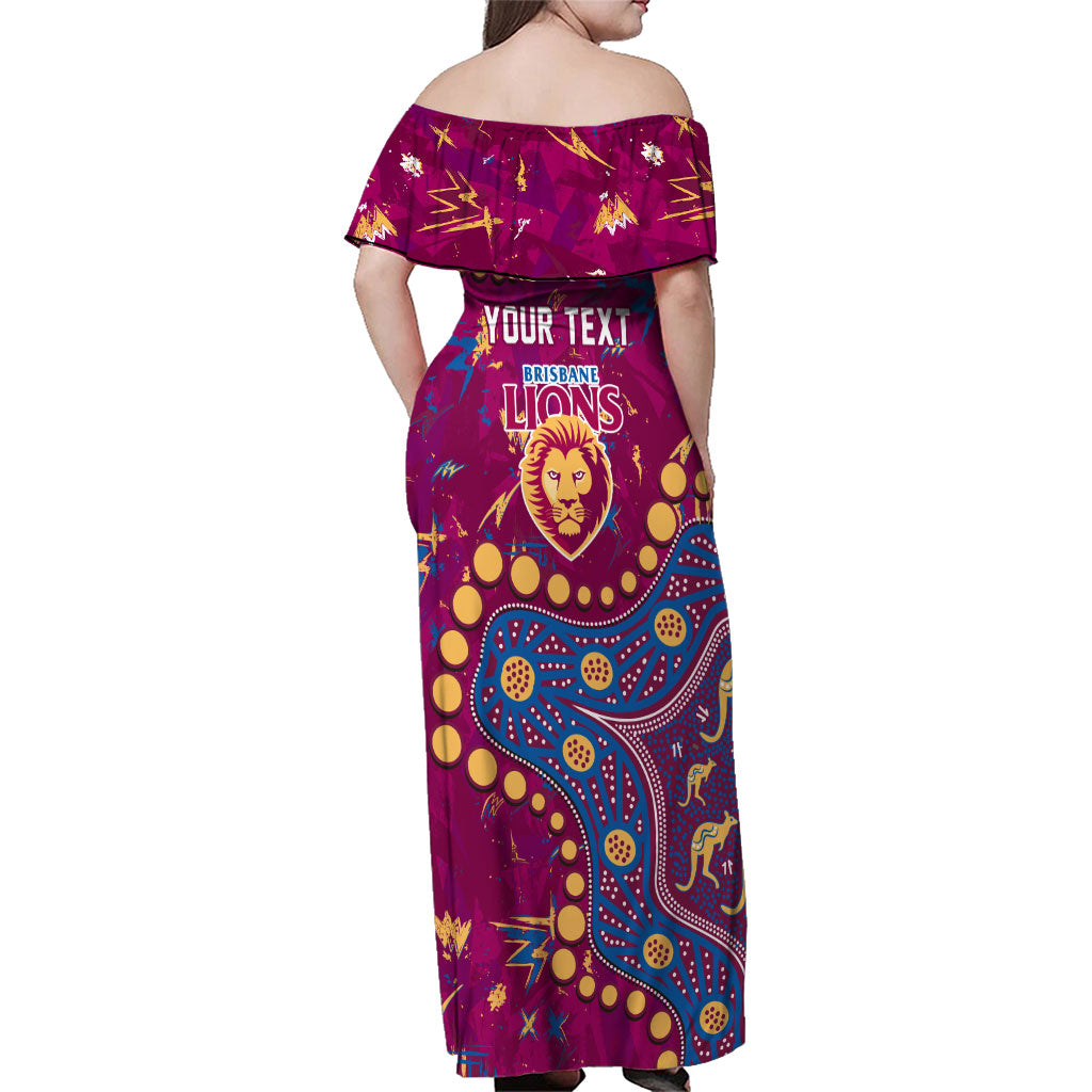 Personalized Brisbane Lions Family Matching Off Shoulder Maxi Dress and Hawaiian Shirt Aboriginal Pattern with Graffiti Style
