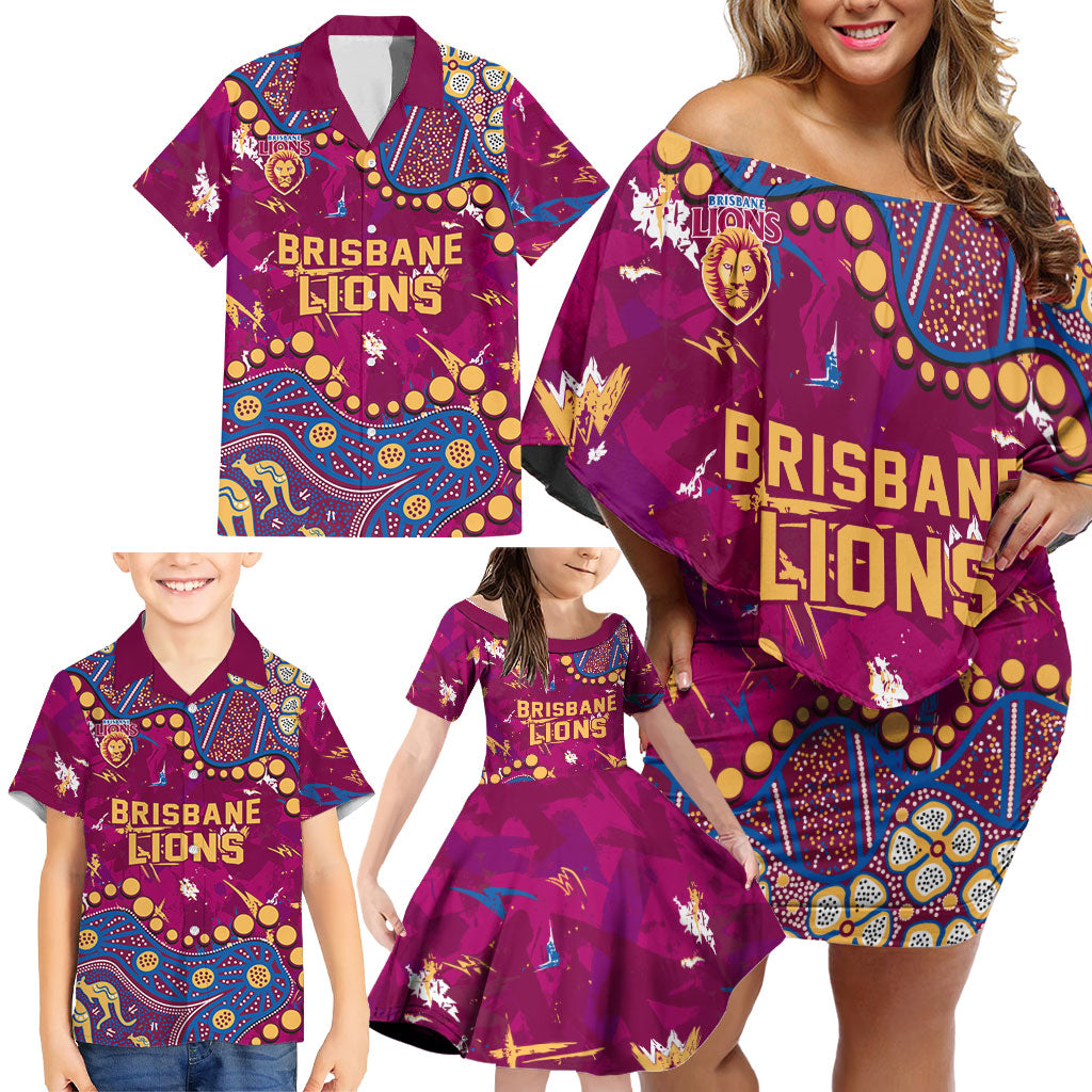 Personalized Brisbane Lions Family Matching Off Shoulder Short Dress and Hawaiian Shirt Aboriginal Pattern with Graffiti Style